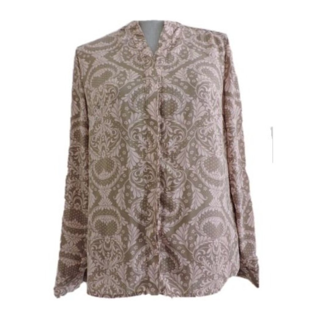 New York Company Shirt Button Down Brown Pink Career Long Tab Sleeve Blouse S - Picture 1 of 10